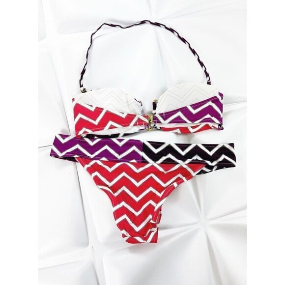 Charlie by Matthew Zink MZ Mixed Zag Rosa Halter Bandeau Bikini Set Sz Large - Picture 5 of 11